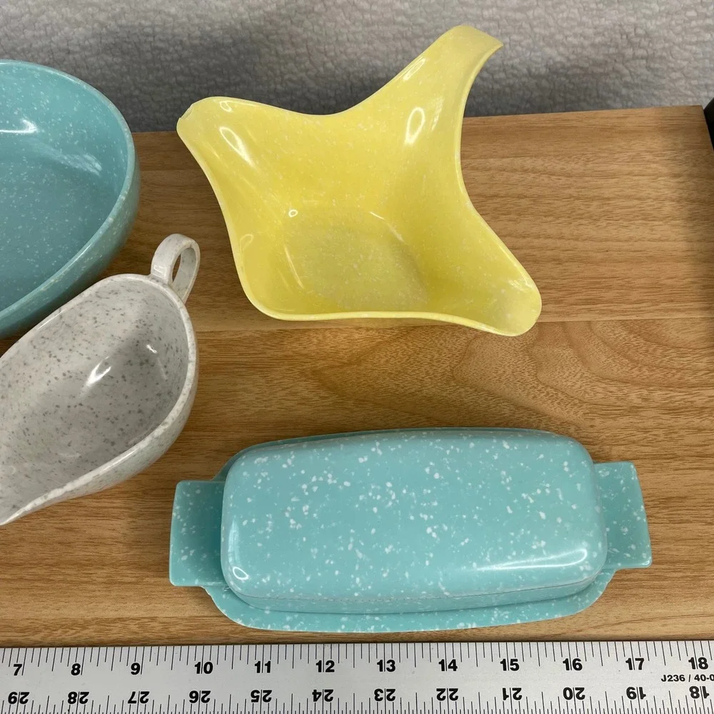Vintage MCM Melamine Confetti Serving Set Turquoise Yellow White 5pc Speckled